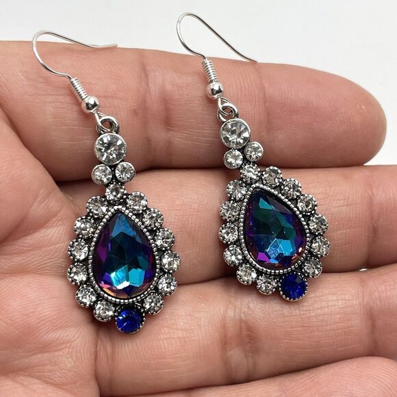 Stunning Silver Tone AB Purple Glass Rhinestone Teardrop Earrings Statement Boho - Picture 2 of 7